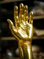 Golden hand sculpture with reflective surface and details.Generative AI photo