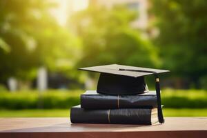 Graduation cap and diplomas on wooden table outdoors.Generative AI photo