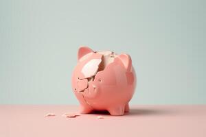 Broken piggy bank on pink and blue background with copy space. AI Generative photo