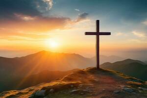 Silhouette of a cross on a mountain at sunset.Generative AI photo
