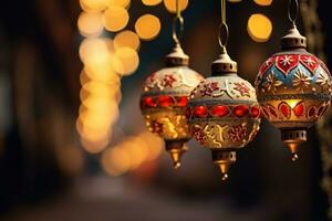 Ornate Christmas ornaments with warm bokeh lights.Generative AI photo