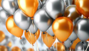 Set of orange and silver metallic balloons. Generative AI photo