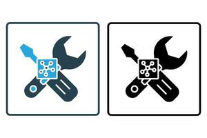 Predictive maintenance icon. Wrench and cpu. predictive maintenance strategies. icon related to industry, technology. solid icon style. simple vector design editable