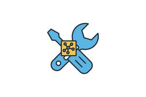 Predictive maintenance icon. Wrench and cpu. predictive maintenance strategies. icon related to industry, technology. flat line icon style. simple vector design editable