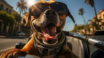 un contento perro con Gafas de sol paseos en el cuna de un motocicleta a lo largo un soleado calle en el costa, viaje hora y un invitación a viaje foto