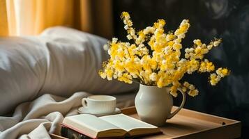 un ramo de flores de mimosa, un taza de té y libro por el cama, un calentar primavera mañana, un tarjeta para De las mujeres día foto