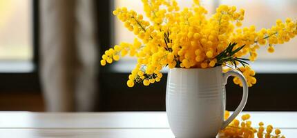 Bouquet of mimosa on the table with copy space, a gentle gift for International Women's Day photo