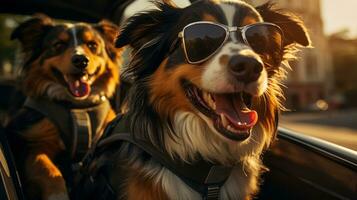 Funny pet dogs in sunglasses ride in a car on a trip, fun summer holiday card photo