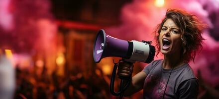 Activist shouts angrily into a megaphone at rally, banner with copy space, defending women's rights photo