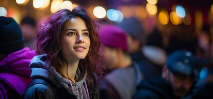 Young beautiful woman defense rally, neon street lighting, solidarity and rights protection, banner photo