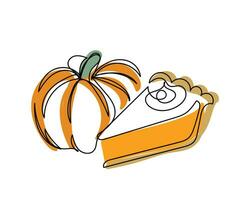Continuous line art of Pumpkin pie. Thanksgiving postcard. Autumnal mood. vector