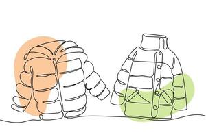 Continuous line art collection of fluffy jackets called puffers or quilted jackets. vector