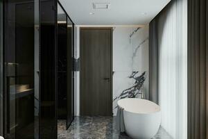 blanco exclusivo bañera y grifo en el moderno lujo baño. 3d representación foto