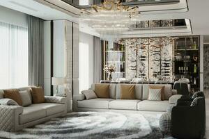 A modern, classic-style living room along with the luxury sofa, and pouf, chandelier. 3D rendering photo