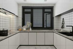 White and sophisticated kitchen with utensils. photo