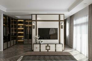 A glass door closet behind the TV panel with full of personal accessories. photo