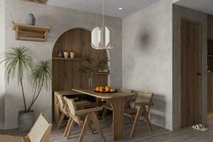 Stylish dining room interior with designed wooden table with chairs. photo