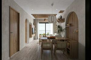 The dining space is a modern empty room with minimal decorations and wooden furniture. photo