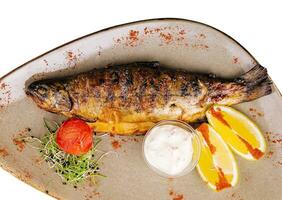 Grilled sea fish with lemon on plate photo
