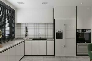 The interior looks sophisticated, with a white fridge and cabinets. photo