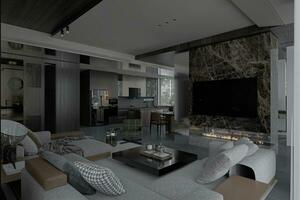 Modern dark gray living room with gray sofa and TV panel. photo