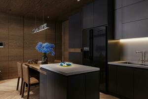 A simple pendant light hanging on the ceiling, Bule flowers on the table in a contemporary modern kitchen. photo