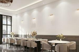 moderno interior diseño a lo largo con gris sillas, y ramos de flores en el mesa en un restaurante. foto