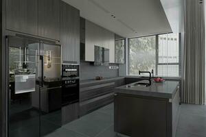 Modern dark kitchen interior with dark gray island, fridge, and oven. photo