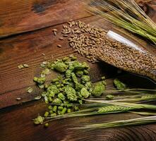 Hop and wheat on wooden background photo