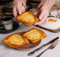 Cottage cheese pastry pies in grandmas arms photo