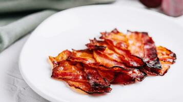 Plate with tasty bacon slices on stone photo