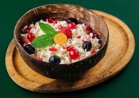 coconut bowl with cottage cheese and ripe berries photo