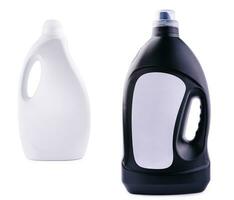 Black and white bottles laundry gel isolated on white photo