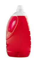 Red liquid soap or detergent in a plastic bottle photo