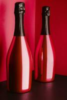 two red bottles of champagne on red background photo