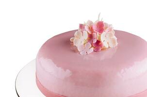 Pink mousse cakes decorated on white plate photo