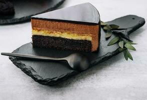 A piece of banana chocolate mousse cake photo