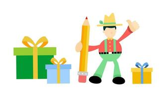 farmer man and gift box pencil cartoon doodle flat design style vector illustration