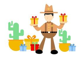 America vaquero y regalo caja dibujos animados garabatear plano diseño estilo vector ilustración