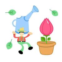 farmer man agriculture and pink tulip blossom flower cartoon doodle flat design style vector illustration