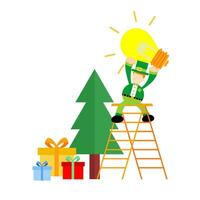 Leprechaun and Lamp Idea Christmas Pine Tree Cartoon Doodle flat design style vector illustration