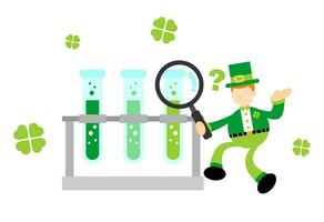 leprechaun shamrock celtic and experiment laboratory flask research science cartoon doodle flat design style vector illustration