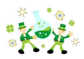 leprechaun shamrock celtic and experiment laboratory flask research science cartoon doodle flat design style vector illustration