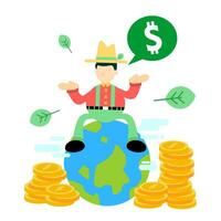 granjero hombre agricultura mundo economía dinero dólar global dibujos animados garabatear plano diseño estilo vector ilustración