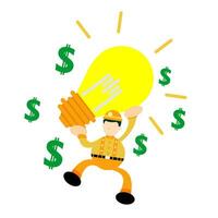 Miner worker and lamp idea money dollar cartoon doodle flat design style vector illustration