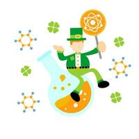 leprechaun shamrock celtic and experiment laboratory flask research science cartoon doodle flat design style vector illustration