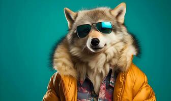 Happy dog character in two tone stylish sunglasses and fur coat looking away against pastel and turquoise background. AI Generative. photo