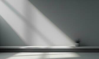 vacío habitación con luz de sol brillante, grande ventana. blanco y gris degradado suave ligero antecedentes de estudio para obra de arte diseño.ai generativo foto