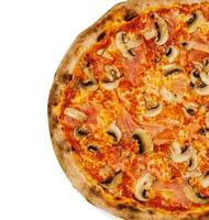 Thin crust italian pizza with tomato sauce, cheese, ham and mushrooms photo