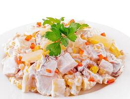 Ham salad with corn, cheese, tomatoes, Bulgarian pepper and lettuce photo